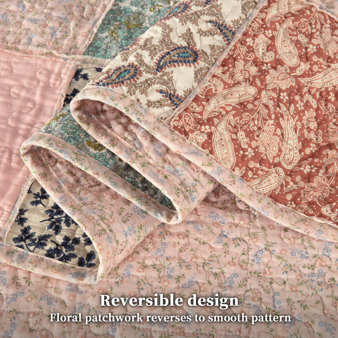 100% Cotton Quilts with Real Patchwork Stitching, All Season Vintage Farmhouse Reversible Floral Bedspread Set + 2 Shams, kingsleytrend, Quilt Set, patchwork-quilt, MCF, quilt, kingsleytrend