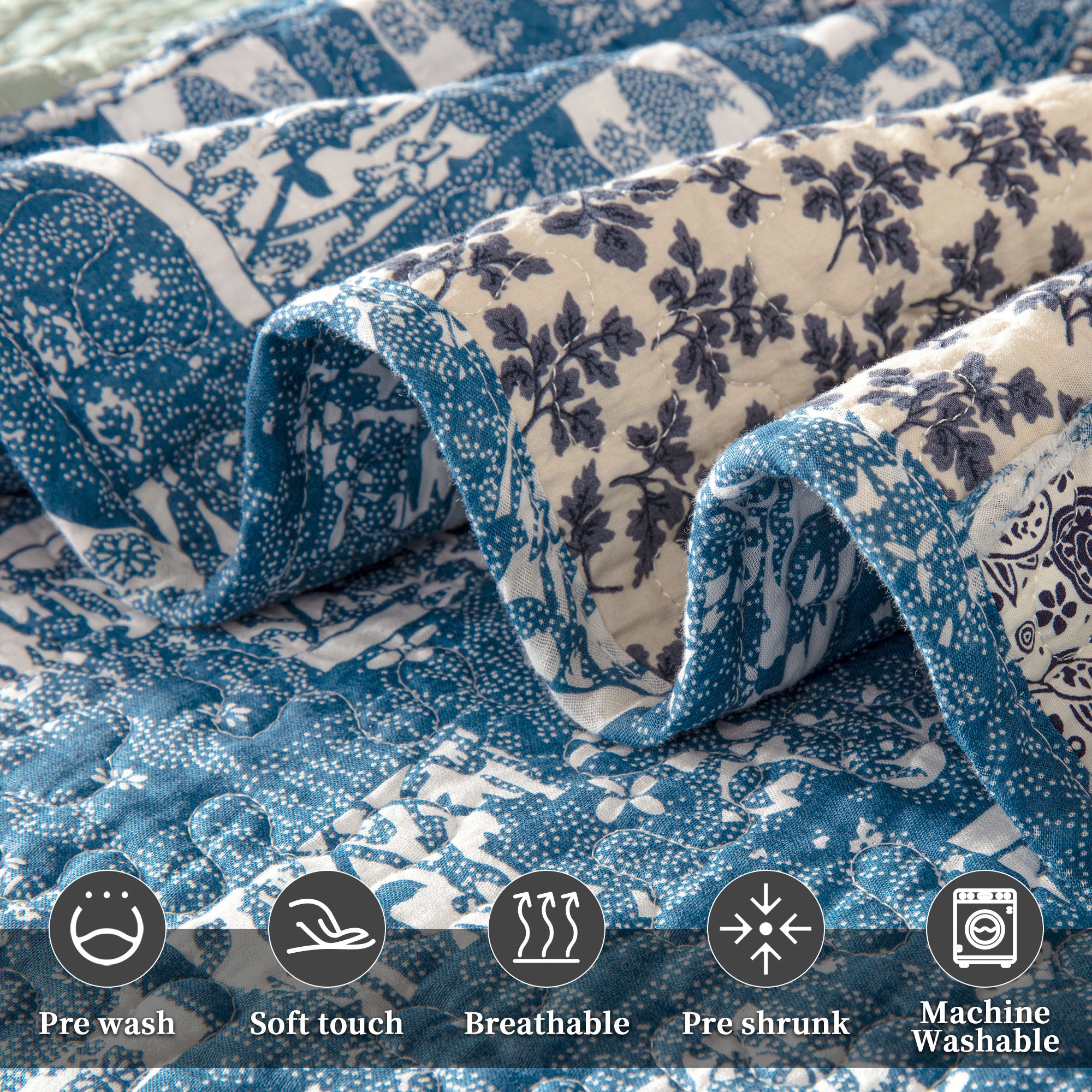 100% Cotton Quilts with Real Patchwork Stitching, All Season Vintage Farmhouse Reversible Floral Bedspread Set + 2 Shams, kingsleytrend, Quilt Set, patchwork-quilt, MCF, quilt, kingsleytrend