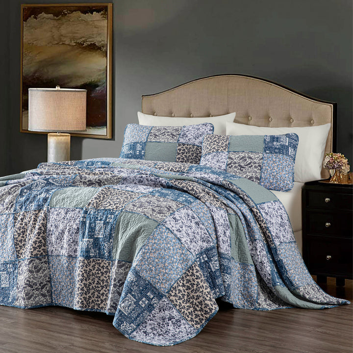 100% Cotton Quilts with Real Patchwork Stitching, All Season Vintage Farmhouse Reversible Floral Bedspread Set + 2 Shams, kingsleytrend, Quilt Set, patchwork-quilt, MCF, quilt, kingsleytrend