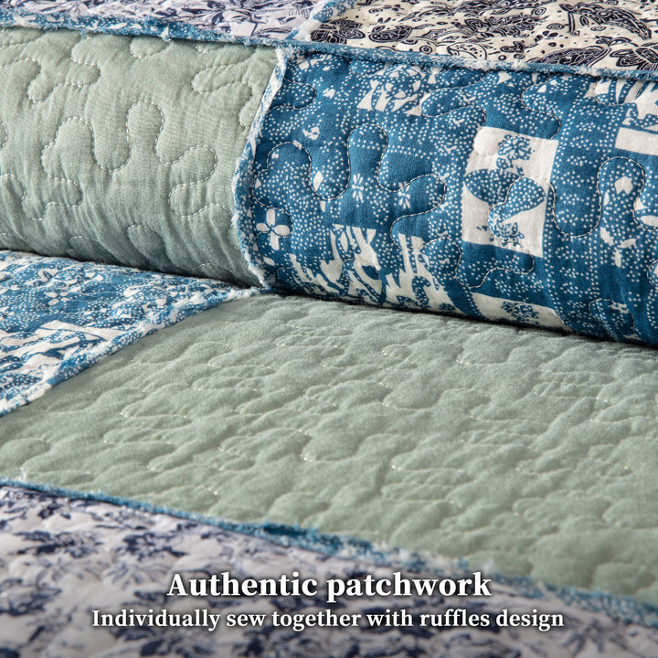 100% Cotton Quilts with Real Patchwork Stitching, All Season Vintage Farmhouse Reversible Floral Bedspread Set + 2 Shams, kingsleytrend, Quilt Set, patchwork-quilt, MCF, quilt, kingsleytrend