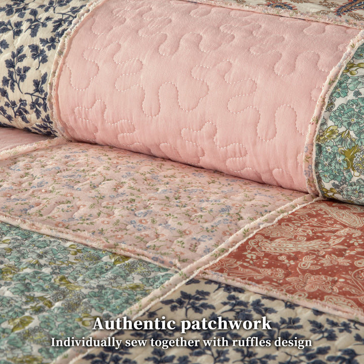 100% Cotton Quilts with Real Patchwork Stitching, All Season Vintage Farmhouse Reversible Floral Bedspread Set + 2 Shams, kingsleytrend, Quilt Set, patchwork-quilt, MCF, quilt, kingsleytrend