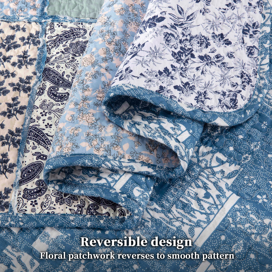 100% Cotton Quilts with Real Patchwork Stitching, All Season Vintage Farmhouse Reversible Floral Bedspread Set + 2 Shams, kingsleytrend, Quilt Set, patchwork-quilt, MCF, quilt, kingsleytrend