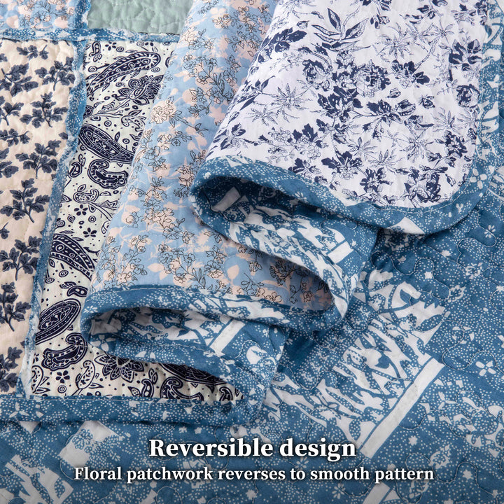 100% Cotton Quilts with Real Patchwork Stitching, All Season Vintage Farmhouse Reversible Floral Bedspread Set + 2 Shams, kingsleytrend, Quilt Set, patchwork-quilt, MCF, quilt, kingsleytrend