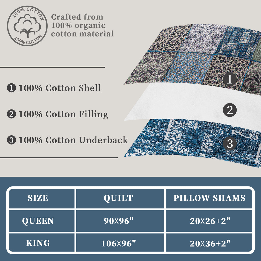 100% Cotton Quilts with Real Patchwork Stitching, All Season Vintage Farmhouse Reversible Floral Bedspread Set + 2 Shams, kingsleytrend, Quilt Set, patchwork-quilt, MCF, quilt, kingsleytrend