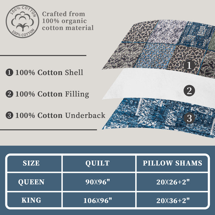100% Cotton Quilts with Real Patchwork Stitching, All Season Vintage Farmhouse Reversible Floral Bedspread Set + 2 Shams, kingsleytrend, Quilt Set, patchwork-quilt, MCF, quilt, kingsleytrend