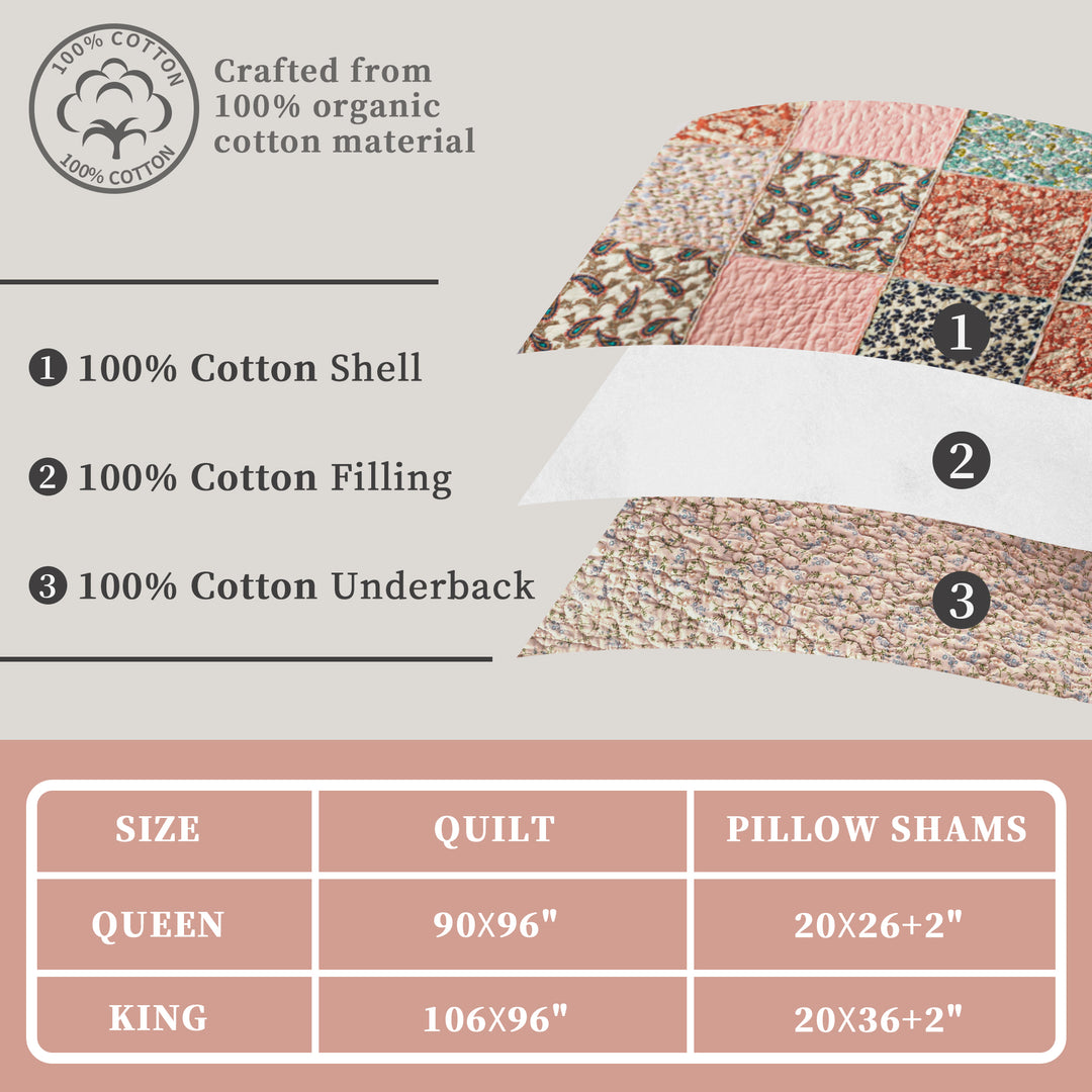 100% Cotton Quilts with Real Patchwork Stitching, All Season Vintage Farmhouse Reversible Floral Bedspread Set + 2 Shams, kingsleytrend, Quilt Set, patchwork-quilt, MCF, quilt, kingsleytrend