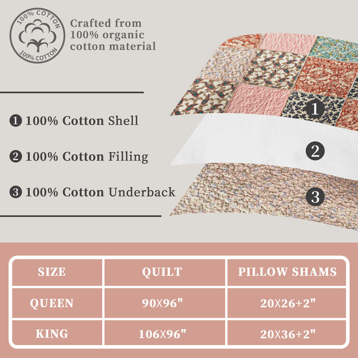 100% Cotton Quilts with Real Patchwork Stitching, All Season Vintage Farmhouse Reversible Floral Bedspread Set + 2 Shams, kingsleytrend, Quilt Set, patchwork-quilt, MCF, quilt, kingsleytrend