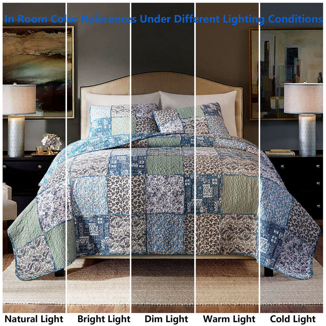 100% Cotton Quilts with Real Patchwork Stitching, All Season Vintage Farmhouse Reversible Floral Bedspread Set + 2 Shams, kingsleytrend, Quilt Set, patchwork-quilt, MCF, quilt, kingsleytrend