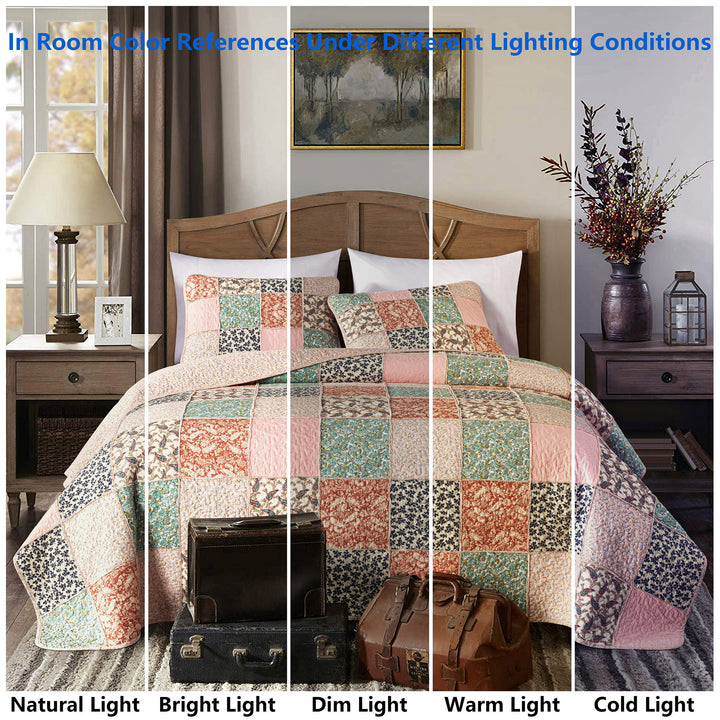 100% Cotton Quilts with Real Patchwork Stitching, All Season Vintage Farmhouse Reversible Floral Bedspread Set + 2 Shams, kingsleytrend, Quilt Set, patchwork-quilt, MCF, quilt, kingsleytrend