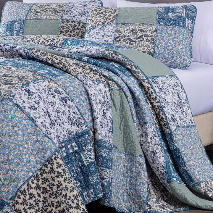 100% Cotton Quilts with Real Patchwork Stitching, All Season Vintage Farmhouse Reversible Floral Bedspread Set + 2 Shams, kingsleytrend, Quilt Set, patchwork-quilt, MCF, quilt, kingsleytrend