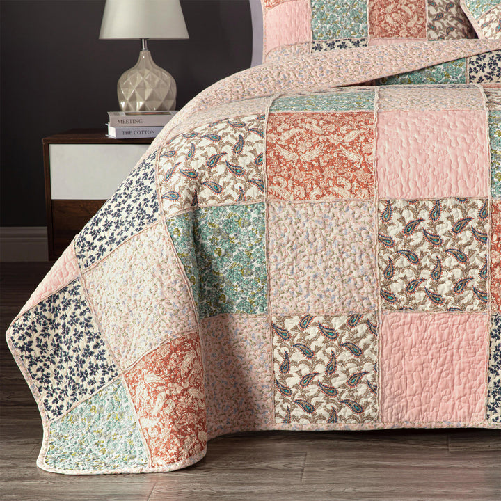 100% Cotton Quilts with Real Patchwork Stitching, All Season Vintage Farmhouse Reversible Floral Bedspread Set + 2 Shams, kingsleytrend, Quilt Set, patchwork-quilt, MCF, quilt, kingsleytrend